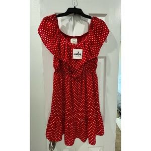 Fantastic Fawn Off the Shoulder Red and White Polka Dot Dress